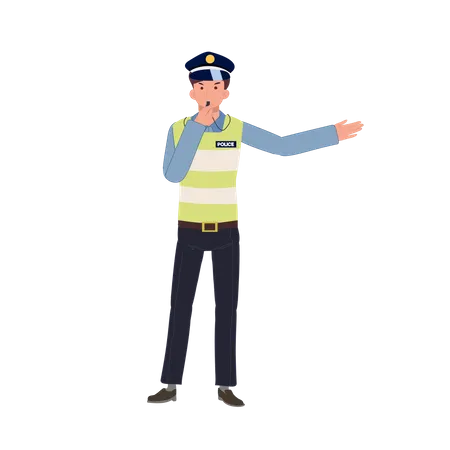 A traffic police blowing whistle and doing hand sign as go to another way  Illustration