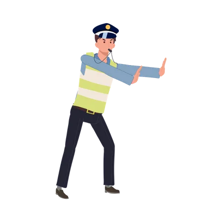 A Traffic Police Blowing Whistle And Gesturing Hand As Stop Flat Vector Cartoon Illustration Illustration
