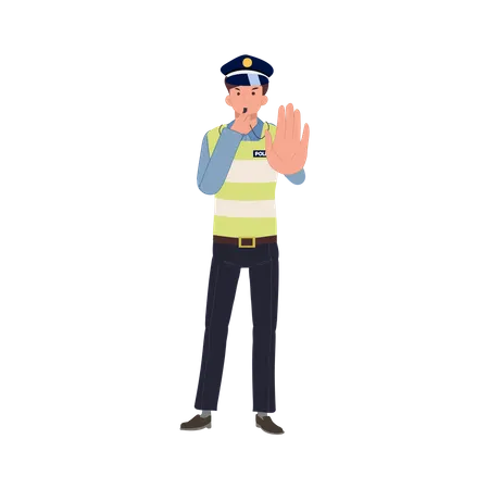 A traffic police blowing whistle and gesturing stop  Illustration