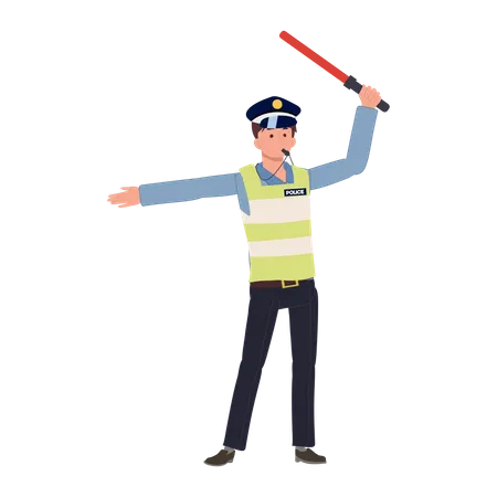 A Traffic Police Blowing Whistle And Doing Hand Sign As Go To Another Way Holding Traffic Baton Flat Vector Cartoon Illustration Illustration