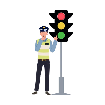 A traffic police blowing whistle and pointing index finger to red traffic light  Illustration