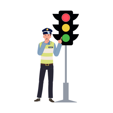 A traffic police blowing whistle and pointing index finger to red traffic light  Illustration