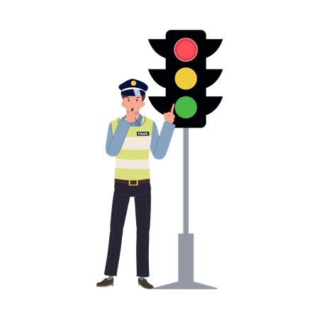 A traffic police blowing whistle and pointing index finger to red traffic light Illustration