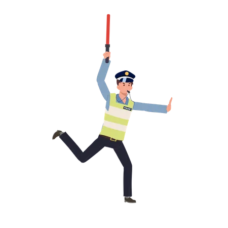 A Traffic Police Blowing Whistle Running Doing Gesturing Hand As Stop And Holding Traffic Baton Flat Vector Cartoon Illustration Illustration