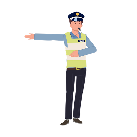 A traffic police blowing whristle and give way to another way  Illustration