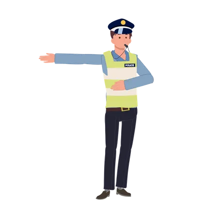 A traffic police blowing whristle and give way to another way  Illustration
