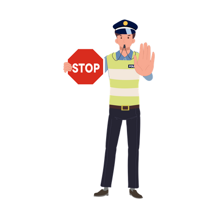 A traffic police gesturing hand as stop and whistling  Illustration