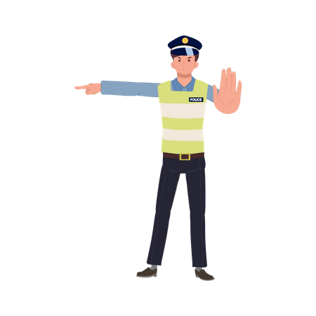 A traffic police gesturing to stop and block road  イラスト