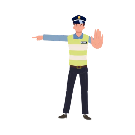 A traffic police gesturing to stop and block road  イラスト