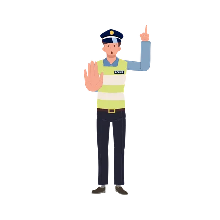 A Traffic Police Gesturing To Stop And Giving Suggestion Pointing Index Finger Flat Vector Cartoon Illustration 일러스트레이션