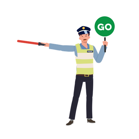 A traffic police holding traffic baton is give way to another way  Illustration