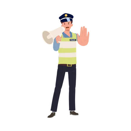 A traffic police holding megaphone and doing gesture hand stop  Illustration