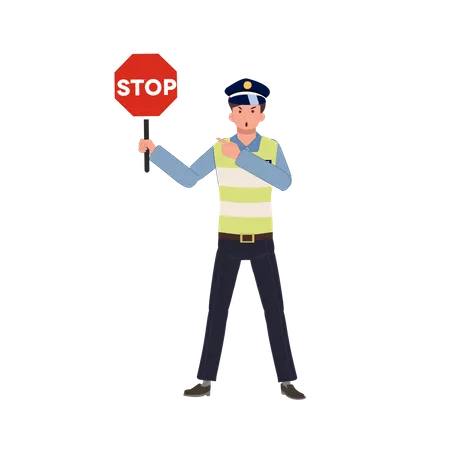 A Traffic Police Holding Stop Sign And Emphasis Pointing At It Flat Vector Cartoon Illustration 일러스트레이션