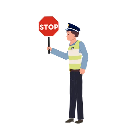 A Traffic Police Holding Stop Sign Flat Vector Cartoon Illustration Illustration
