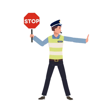 A Traffic Police Holding Stop Sign Gesturing Hand As Stop And Whistling Flat Vector Cartoon Illustration Illustration