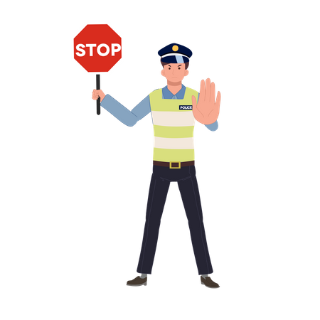 A traffic police holding stop sign and gesturing hand Illustration
