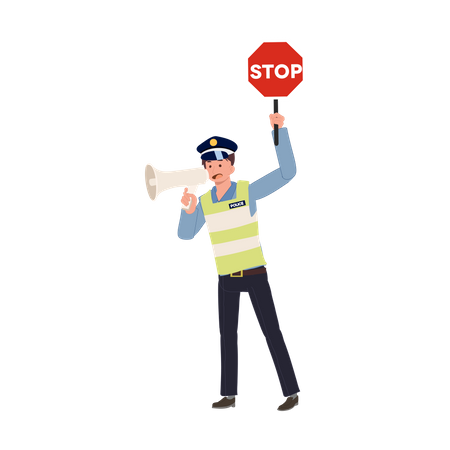 A traffic police holding stop sign and speaking to megaphone  Illustration