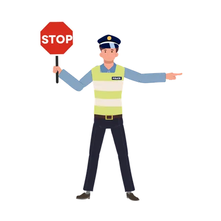 A Traffic Police Holding Stop Sign And Giving Hand Sign The Other Way Turn Another Way Block Road Flat Vector Cartoon Illustration Illustration