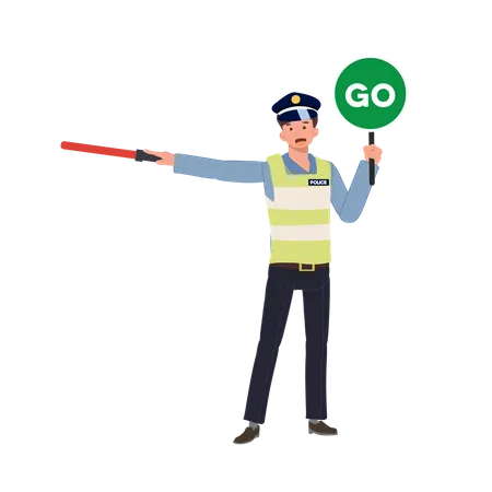 A Traffic Police Holding Traffic Baton Is Give Way To Another Way Flat Vector Cartoon Illustration Illustration