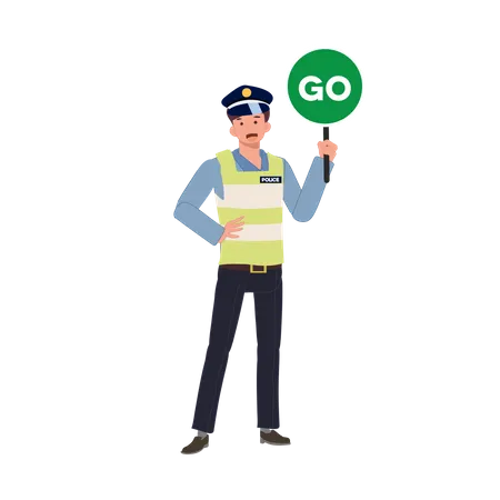 A Traffic Police Holding Traffic Holding GO Sign Flat Vector Cartoon Illustration 일러스트레이션
