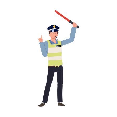 A traffic police is blowing whistle and holding traffic baton up above head  Illustration