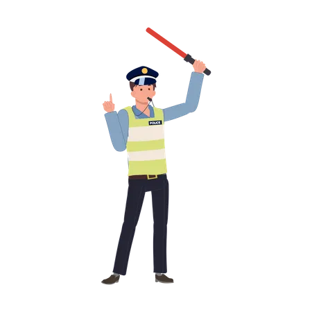 A traffic police is blowing whistle and holding traffic baton up above head  Illustration