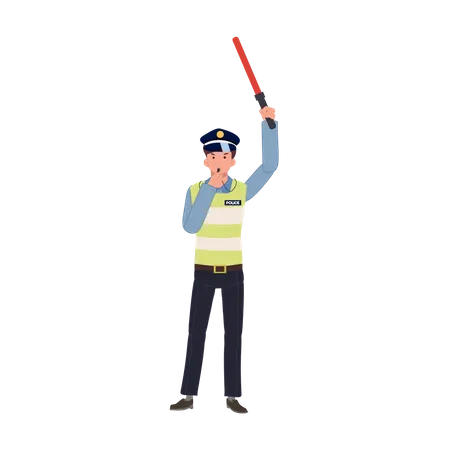 A traffic police is blowing whistle and holding traffic baton up above head  Illustration