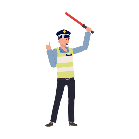 A traffic police is blowing whistle and holding traffic baton up above head  Illustration