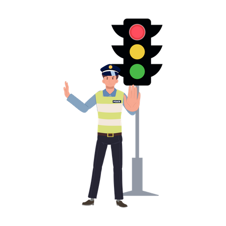 A traffic police is doing stop hand sign near traffic light  Illustration