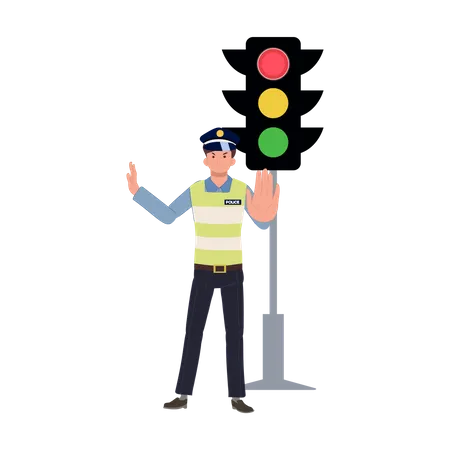 A traffic police is doing stop hand sign near traffic light  Illustration