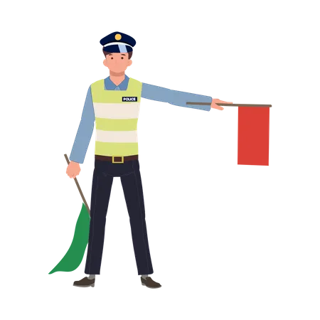 A Traffic Police Is Holding Red Flag Up As A Sign Do Not Walk Flat Vector Cartoon Illustration Illustration
