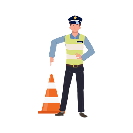 A traffic police is pointing index finger to traffic cone  Illustration