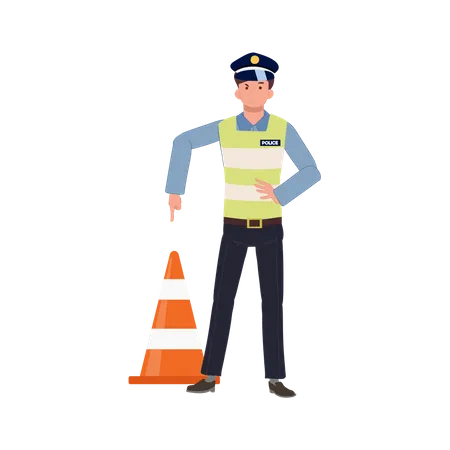 A traffic police is pointing index finger to traffic cone  Illustration