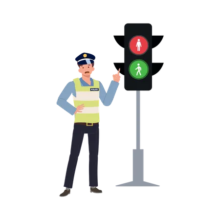 A traffic police is pointing index finger to traffic light to teaching traffic rule  Illustration