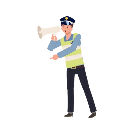 A Traffic Police Use Megaphone And Pointing Index Finger Command To Do As Telling Flat Vector Cartoon Illustration Illustration