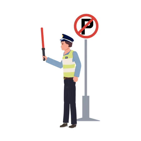 A Traffic Police With Light Baton Nearing NO PARKING Sign Flat Vector Cartoon Illustration Illustration