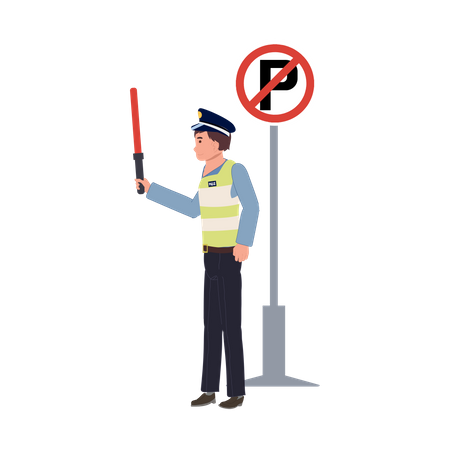 A traffic police with light baton nearing NO PARKING sign  Illustration