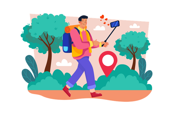 A travel vlogger captures footage of a new destination  Illustration