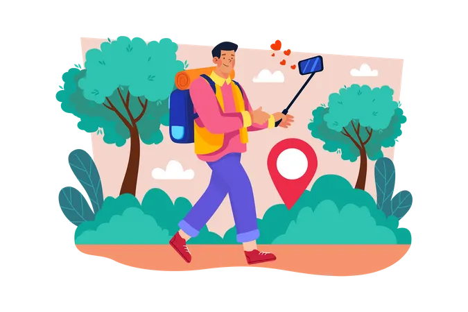A travel vlogger captures footage of a new destination  Illustration