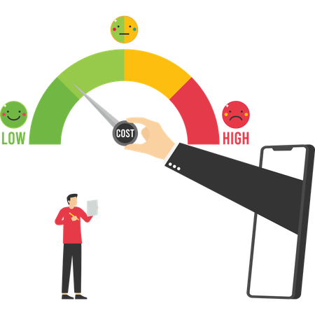 A través del teléfono inteligente, tire de la mano y gire el dial de costos a un nivel bajo  Ilustración