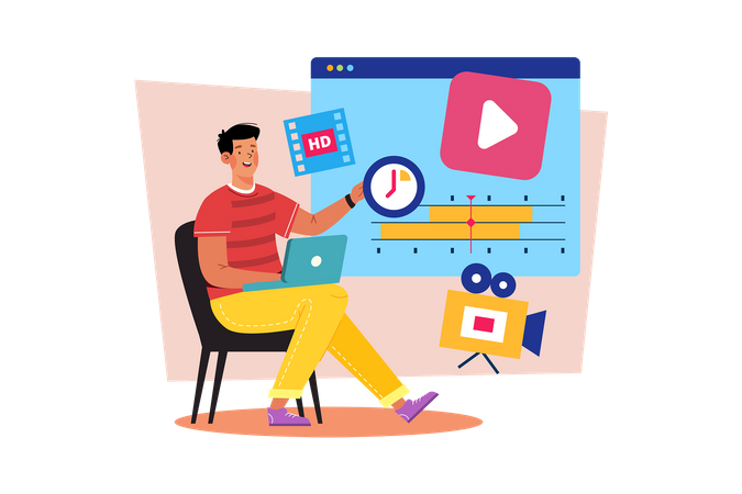 A video creator edits footage to create a new vlog  Illustration