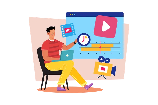 A video creator edits footage to create a new vlog  Illustration