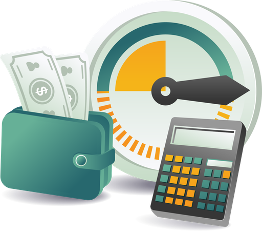 A wallet with a calculator and cash on a money calculator  Illustration