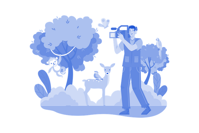 A wildlife videographer captures footage of animals in their natural habitat  Illustration