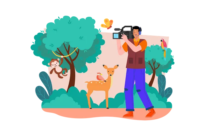 A wildlife videographer captures footage of animals in their natural habitat  Illustration