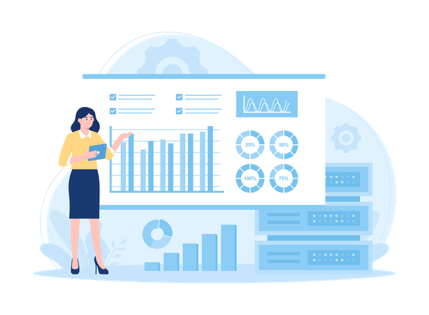 A woman analyzes data storage  Illustration