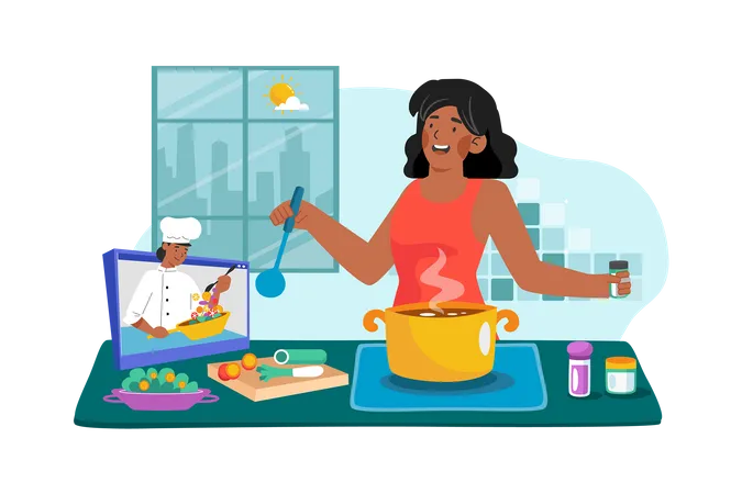 A woman attends a morning cooking class to learn new recipes and techniques  Illustration