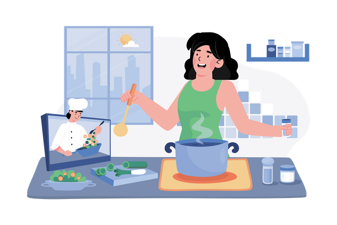 A woman attends a morning cooking class to learn new recipes and techniques  イラスト