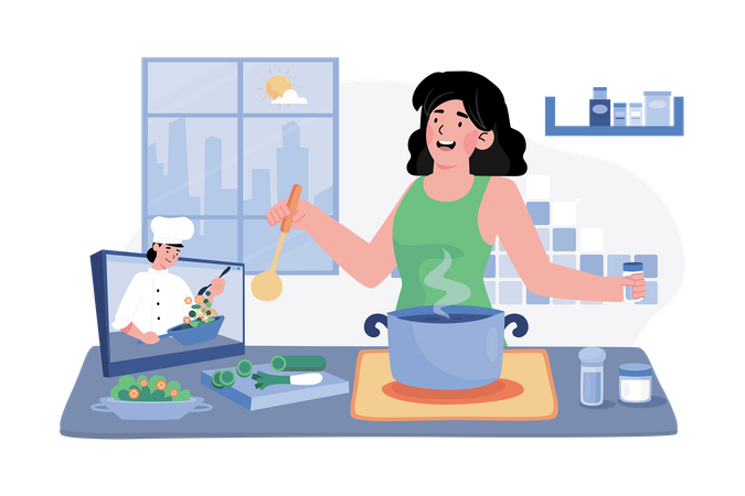A woman attends a morning cooking class to learn new recipes and techniques  일러스트레이션