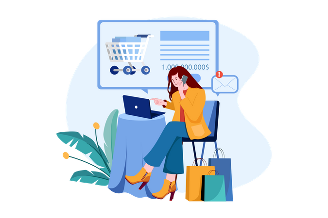 A woman buys cloth in a mobile online shop.  Illustration